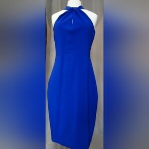 Just Taylor Cobalt Blue Halter Twist neck Curve Stretchy Midi Dress Gorg! Sz.8